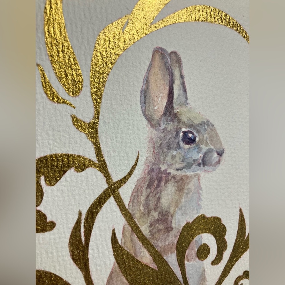 Rabbit Original Watercolor painting Art Bunny Gold accents Floral Artettina USA - Picture 5 of 8